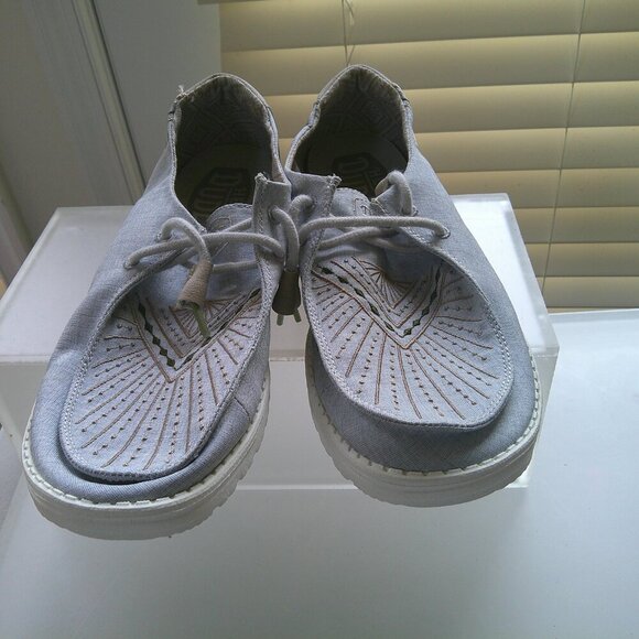 HEY  DUDE Wally Gray Chambray Slip On Shoes Mens 11 Lightweight Comfort Summer